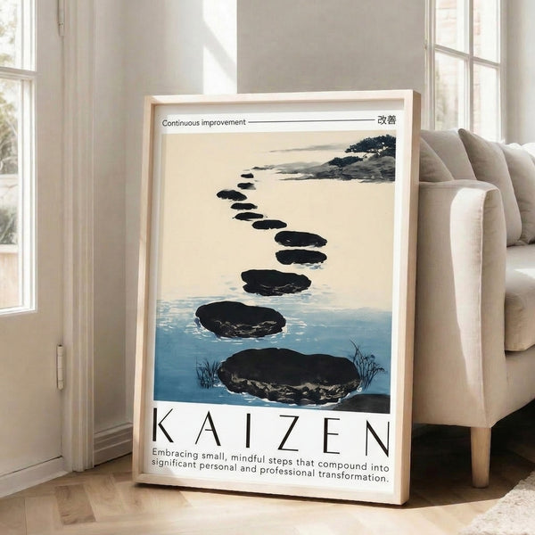 Serene watercolor landscape poster with stepping stones crossing soft teal waters, featuring a sparse tree silhouette and charcoal rock formations in soothing neutral tones.