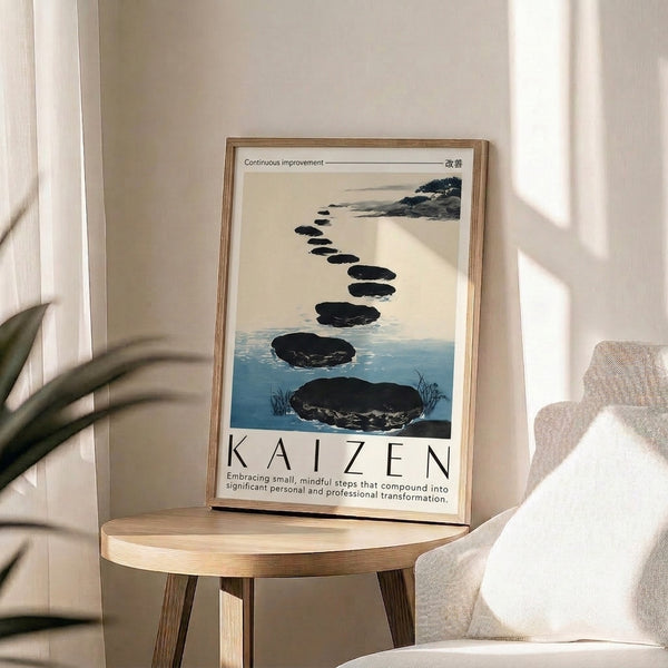 Tranquil Japandi poster art depicting zen stepping stones through calm blue-teal water, rendered in minimalist watercolor with cream, gray, and charcoal for contemplative interior spaces.