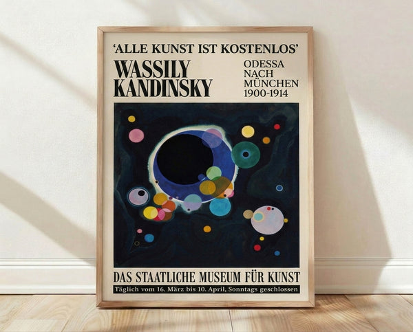 Abstract Bauhaus poster featuring overlapping circles and geometric shapes in dark blue, black, yellow, pink, and teal on a cream background, evoking a contemplative cosmic mood.