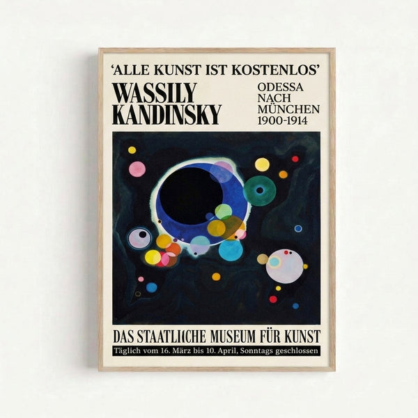 Framed mid-century modern art print displaying Kandinsky's geometric composition of varied circles and spheres in harmonious arrangement with cool and warm tones.