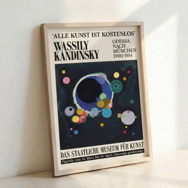 Constructivist-style wall art poster showcasing interlocking circles in navy, black, gold, pink, and teal creating a meditative and cosmic abstract composition.