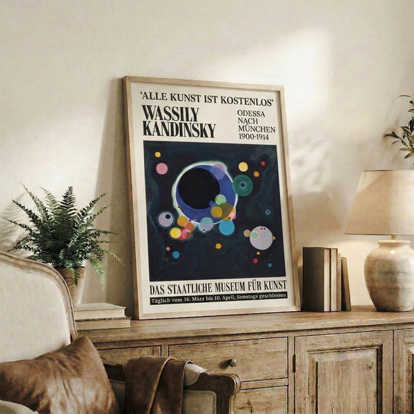 Abstract poster art featuring overlapping circular forms in a sophisticated palette of deep blue, cream, pink, and teal, evoking contemplative balance and harmony.