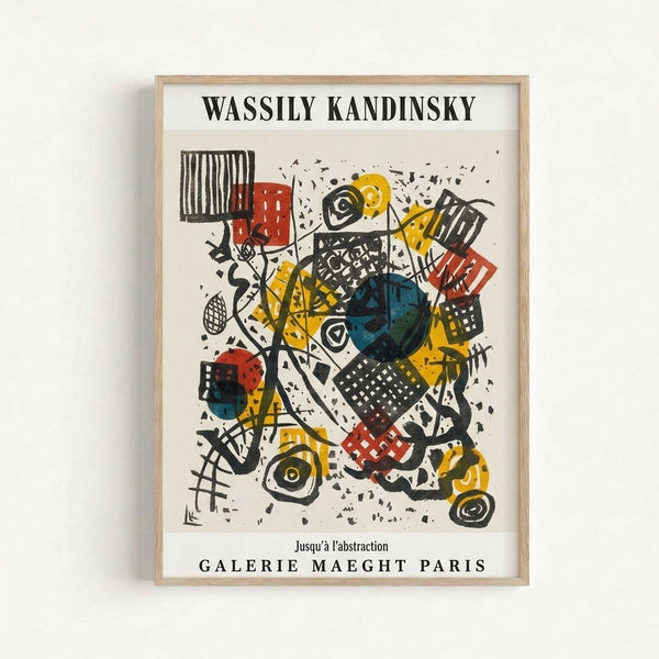Energetic abstract art print featuring interlocking circles and angular forms in warm and cool tones, displayed as a framed modern wall artwork.