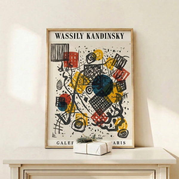 Dynamic abstract poster with precisely rendered geometric shapes and bold color contrasts in cream, yellow, and black, presented as a framed modern art print.