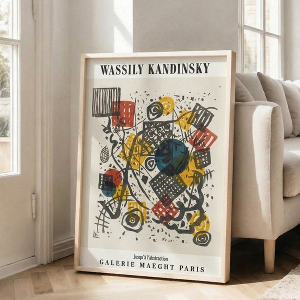 Mid-century modern abstract artwork with intersecting circles, lines, and rectangular forms in a sophisticated palette of teal, red, cream, and yellow.
