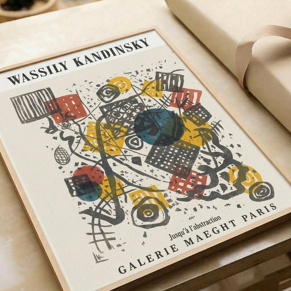 Abstract expressionist-style poster with intellectual geometric design combining circles, rectangles, and linear forms in vibrant cream, red, yellow, and teal blue tones.