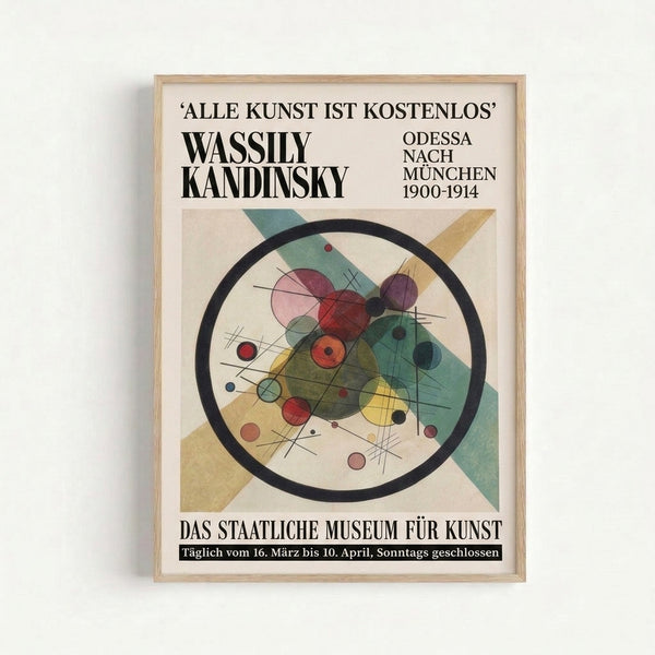 Kandinsky's dynamic geometric artwork with intersecting circles and lines in earthy tones and jewel colors, displayed as a wall print.