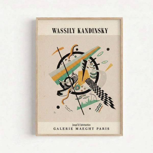 Kandinsky-inspired abstract art print with energetic angular forms and circles in warm and cool tones, embodying modernist design principles.