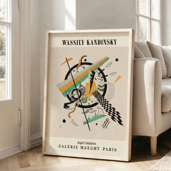 Modern minimalist poster displaying overlapping geometric elements in black, gray, orange, and teal against a cream background, evoking Bauhaus aesthetics.