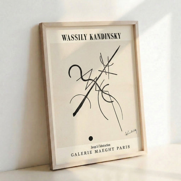 Framed geometric abstract poster displaying interlocking circles and lines in a meditative, intellectual style.