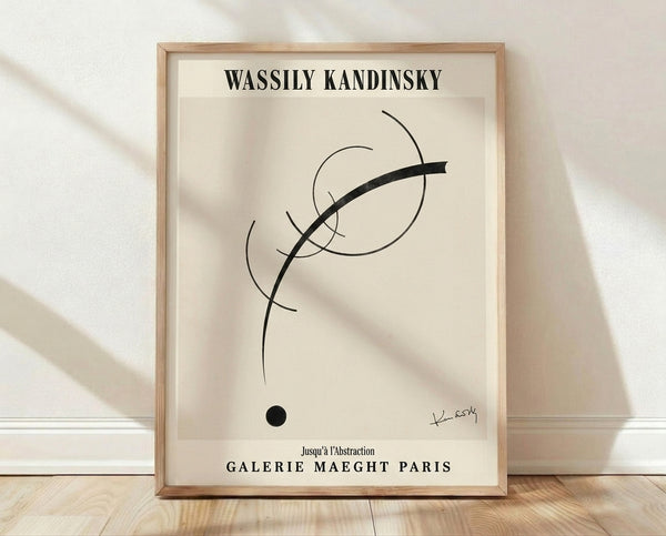 Abstract Bauhaus poster featuring geometric forms—circles, lines, and dots—in cream, black, and off-white on a framed wall art print.