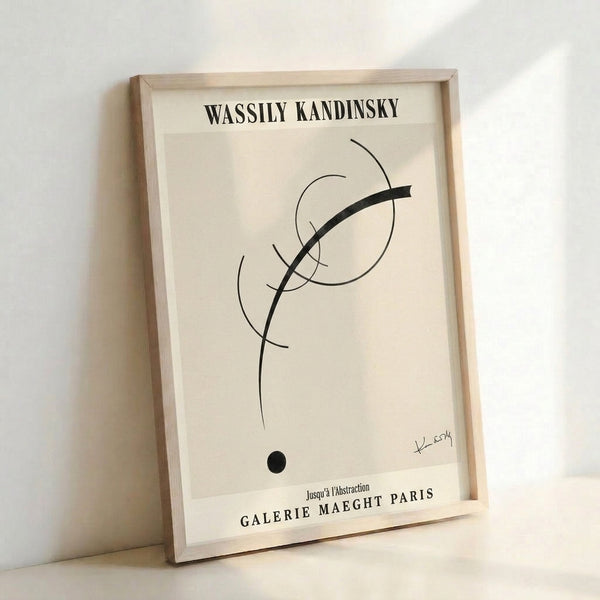 Kandinsky-inspired abstract art print displaying avant-garde circles and linear forms against an off-white background in a framed presentation.