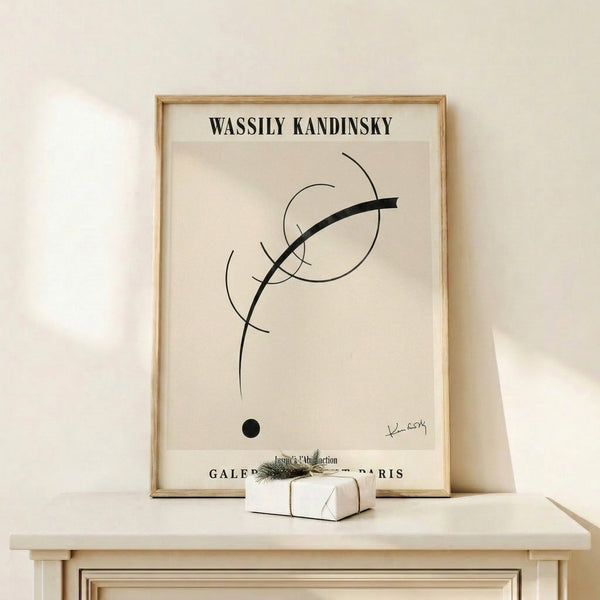 Geometric abstract poster with black lines, cream circles, and scattered dots creating a meditative Bauhaus-style composition.