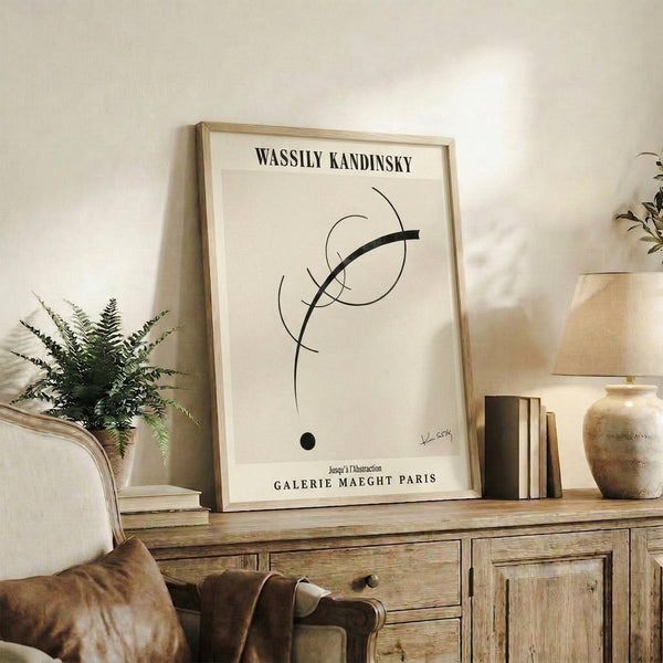 Contemplative abstract print with geometric circles, linear elements, and dot formations in off-white and black for modern wall decor.
