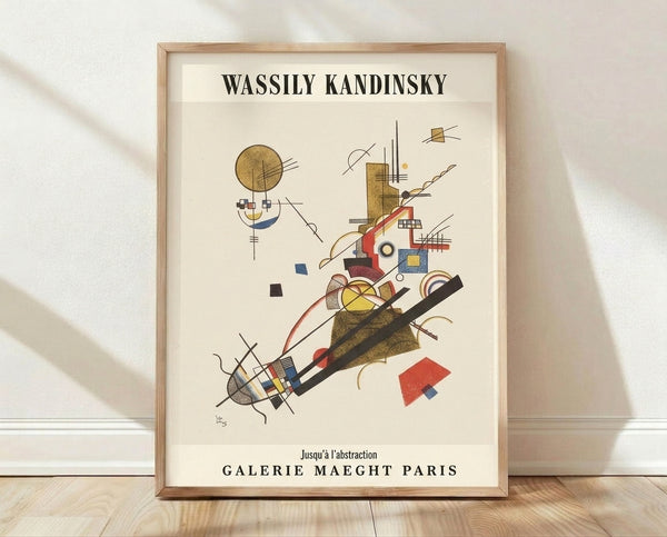 Abstract Bauhaus poster with dynamic geometric shapes including circles, rectangles, and intersecting lines in cream, gold, red, and blue tones on a neutral background.