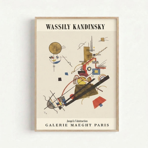 Framed modernist art print featuring energetic abstract composition of geometric forms and curved shapes in warm and cool colors including cream, red, and blue.