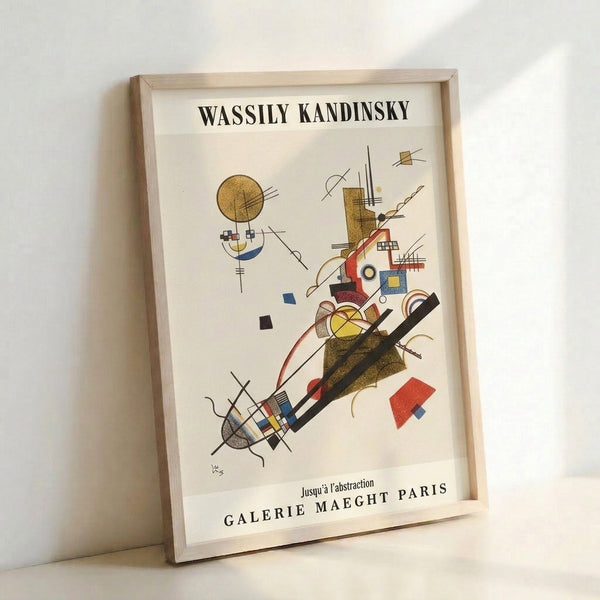 Kandinsky-inspired abstract wall art with contemplative arrangement of circles, lines, and rectangular shapes rendered in gold, black, cream, and blue palette.