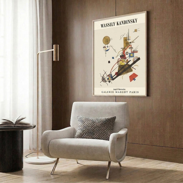 Framed geometric abstract poster with dynamic Bauhaus-style composition of shapes and circles in gold, cream, red, blue, and black tones.