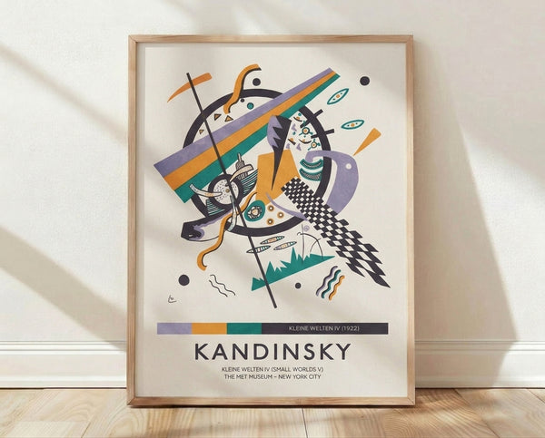 Abstract Bauhaus poster with dynamic geometric shapes in purple, orange, and teal, featuring circles, triangles, and lines on a cream background.