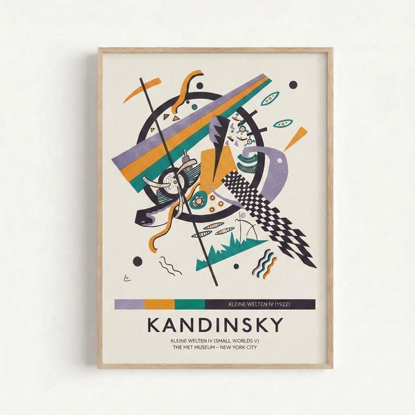 Kandinsky-style abstract composition of interlocking circles, angular forms, and sweeping lines in vibrant purple, orange, and teal tones framed on wall.
