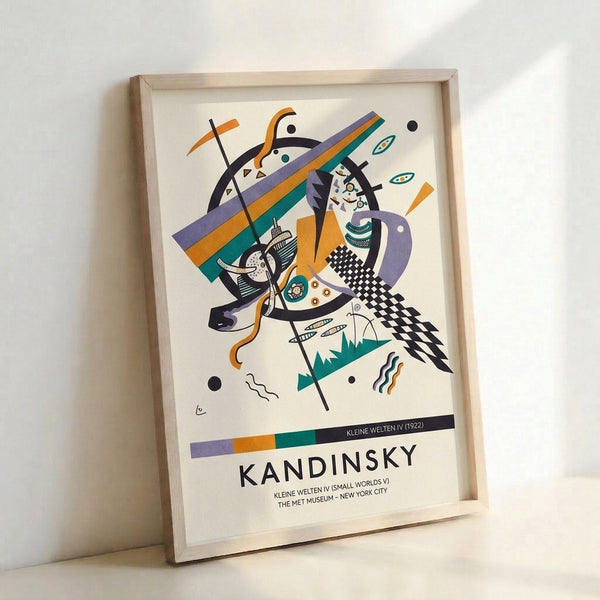 Mid-century modern abstract art print with energetic geometric elements in cream, purple, orange, and teal creating a contemplative yet dynamic composition.