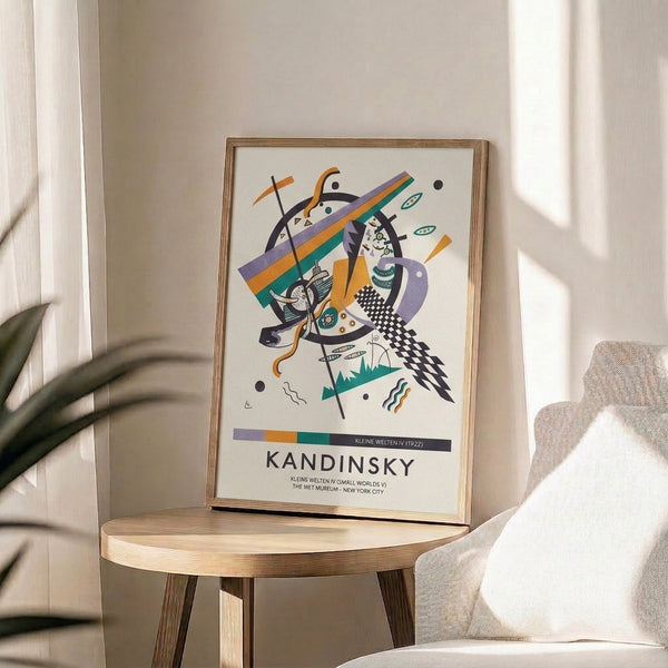Abstract modernist poster art featuring layered geometric shapes and circular motifs in purple, orange, cream, and teal within a structured composition.