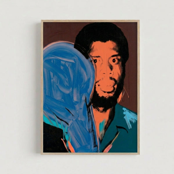 Warhol-inspired screen print featuring Kareem Abdul-Jabbar with bold, saturated hues and high-contrast silkscreen technique on a framed poster.