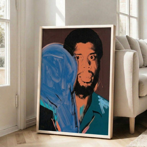Sports portrait art print of Kareem Abdul-Jabbar in Warhol's signature pop art aesthetic with vivid chromatic layers, hung on a wall.
