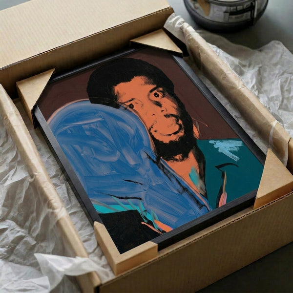 Wall art print celebrating Kareem Abdul-Jabbar in vibrant pop art style with Warhol's characteristic use of intense, layered color and portraiture.