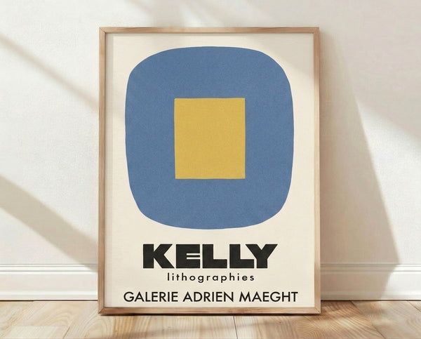 Minimalist framed poster featuring geometric shapes—a slate blue square and golden yellow rounded rectangle on cream background in Bauhaus style.