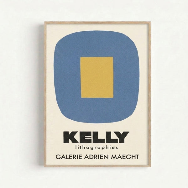 Calm, sophisticated wall art print with clean geometric composition in slate blue, golden yellow, and cream tones inspired by mid-century modernism.