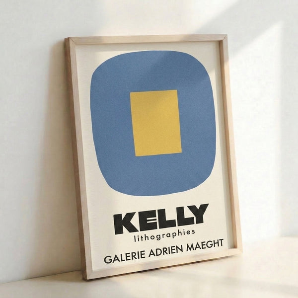 Framed abstract art displaying balanced geometric forms in muted slate blue and warm golden yellow against a cream field, reflecting Bauhaus design principles.