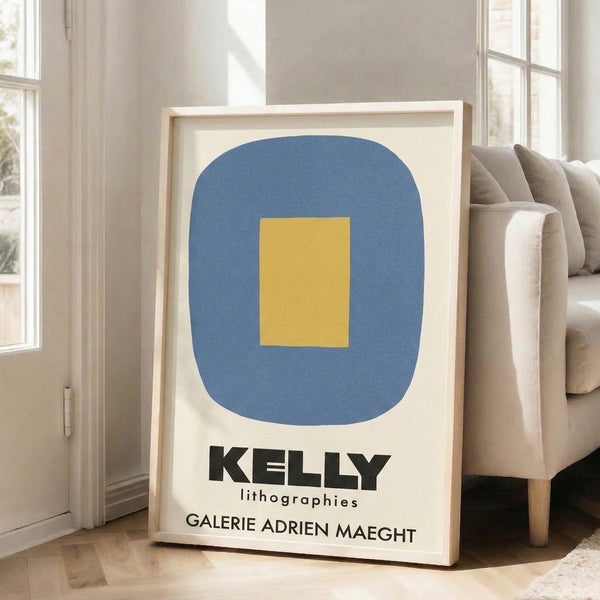 Serene minimalist poster with two geometric shapes in slate blue and golden yellow, exemplifying mid-century modernist aesthetics on cream ground.