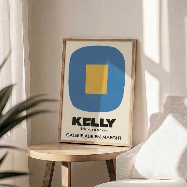 Sophisticated minimalist artwork featuring simplified geometric forms in slate blue and golden yellow on cream, evoking mid-century modern elegance.