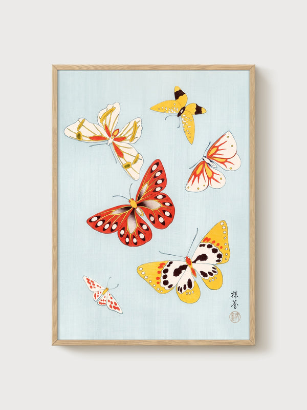 Ito Jakuchu Butterflies poster in oak frame