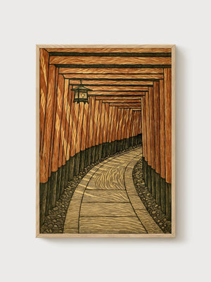 Japandi Wall Art Torii Corridor Print poster in oak frame