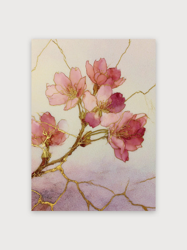 Pink Blossoms Gold Branch Watercolor - Digital Download