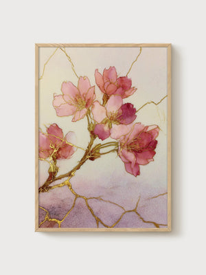 Watercolor Cherry Blossom Print poster in oak frame