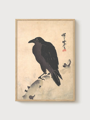 Japanese Wall Art Crow Painting poster in oak frame