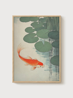 Koi Fish Japanese Art Print poster in oak frame