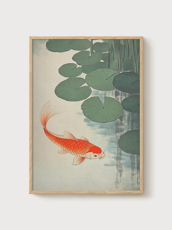 Koi Fish Japanese Art Print poster in oak frame