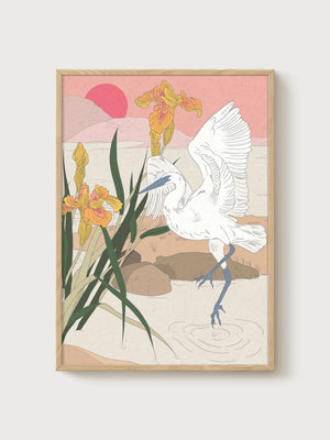Egret Bird Print poster in oak frame