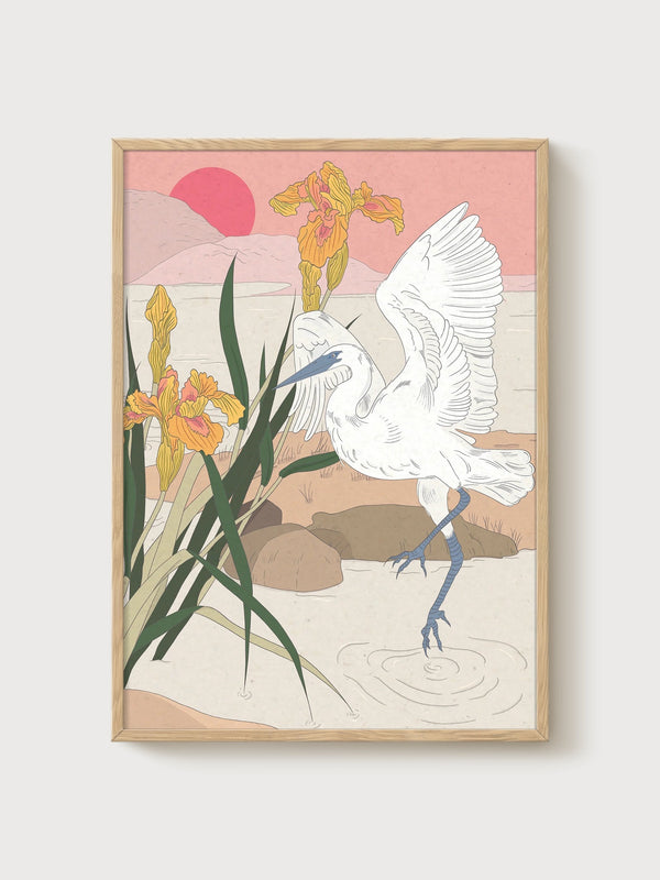 Egret Bird Print poster in oak frame