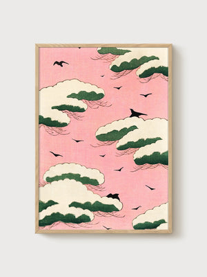 Japanese Woodblock Bird Print poster in oak frame