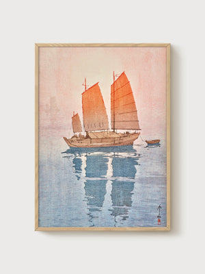 Japanese Sailboat Print poster in oak frame
