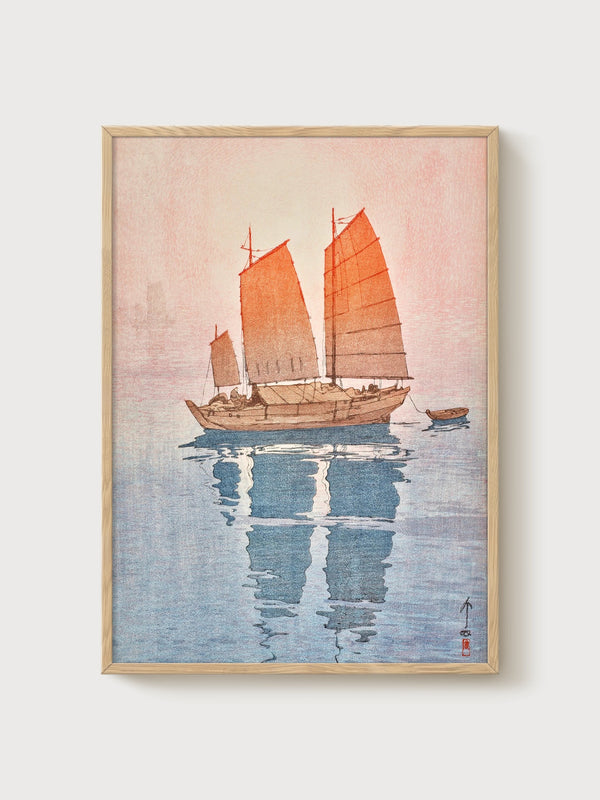 Japanese Sailboat Print poster in oak frame