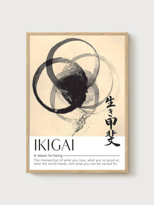 Ikigai Japandi Wall Art poster in oak frame