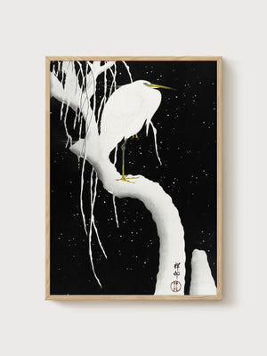 Japanese Egret Snow Print poster in oak frame