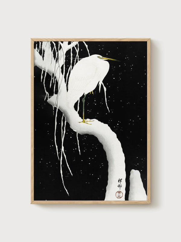 Japanese Egret Snow Print poster in oak frame