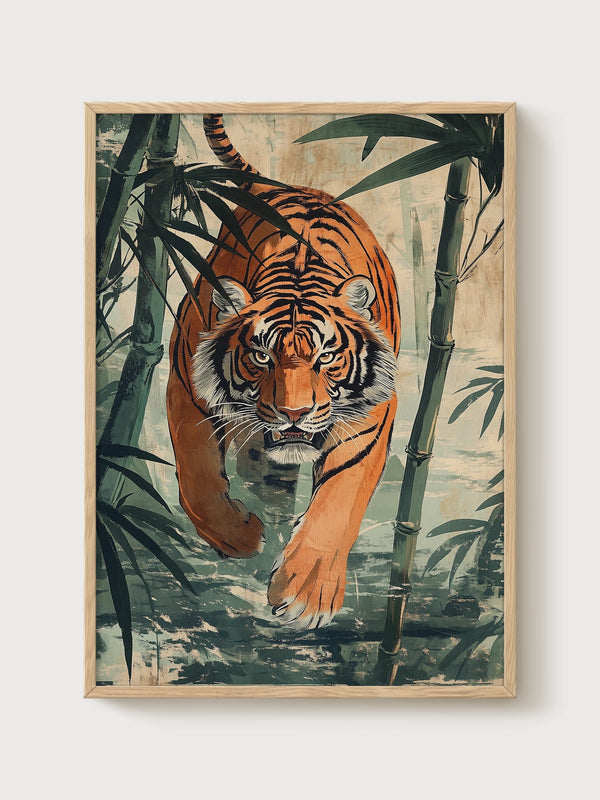 Tiger Wall Art poster in oak frame